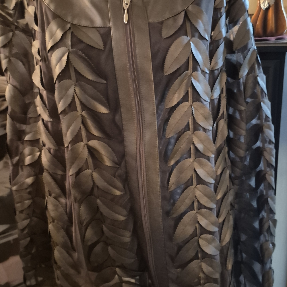 Colleen Lopez Olive Metalic Leaf Pattern Faux Leather Jacket